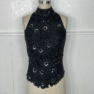 Vintage retro black embellished art deco boho halter top M